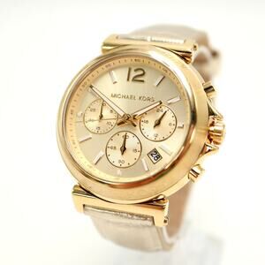 Michael Kors Maren Chronograph Gold Tone 40mm Watch Leather MK7509 w New Battery